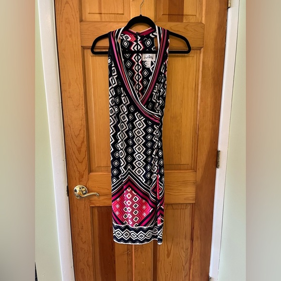 Joseph Ribkoff Women's Dress Geometric Striped Stretch Faux Wrap Sleeveless Sz 8 - Picture 3 of 12